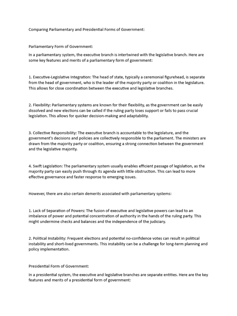 presidential vs parliamentary form of government pdf