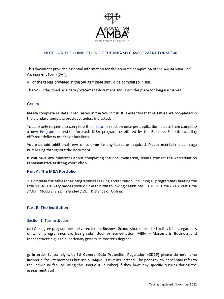 MBA Self-Assessment Form Guidelines | PDF | Master Of Business ...