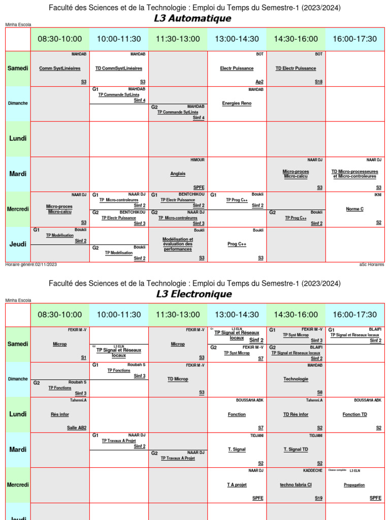 Emploi du Temps Semestre-1 2023/2024 | PDF | Science des matériaux ...