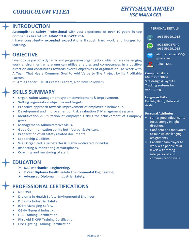HSE Manager CV for Saudi Arabia | PDF | Occupational Safety And Health ...