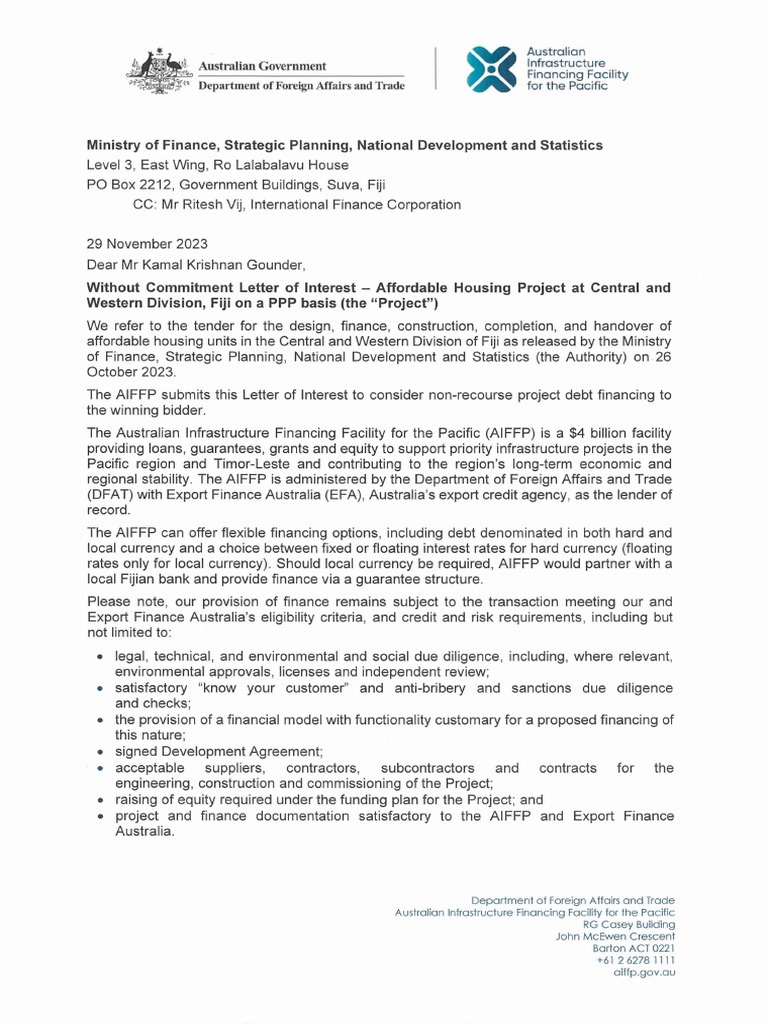 Affordable Housing Tender - Fiji - AIFFP - LOI | PDF | Debt | Currency