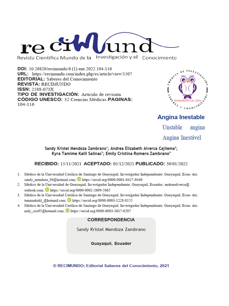 Angina Inestable: Definición y Diagnóstico | PDF | Electrocardiografia ...