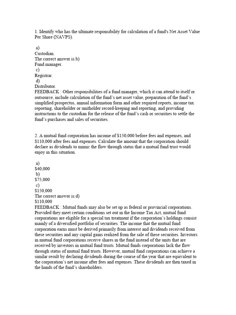 Chapter 10 Quiz Answers PDF Investment Fund Mutual Funds
