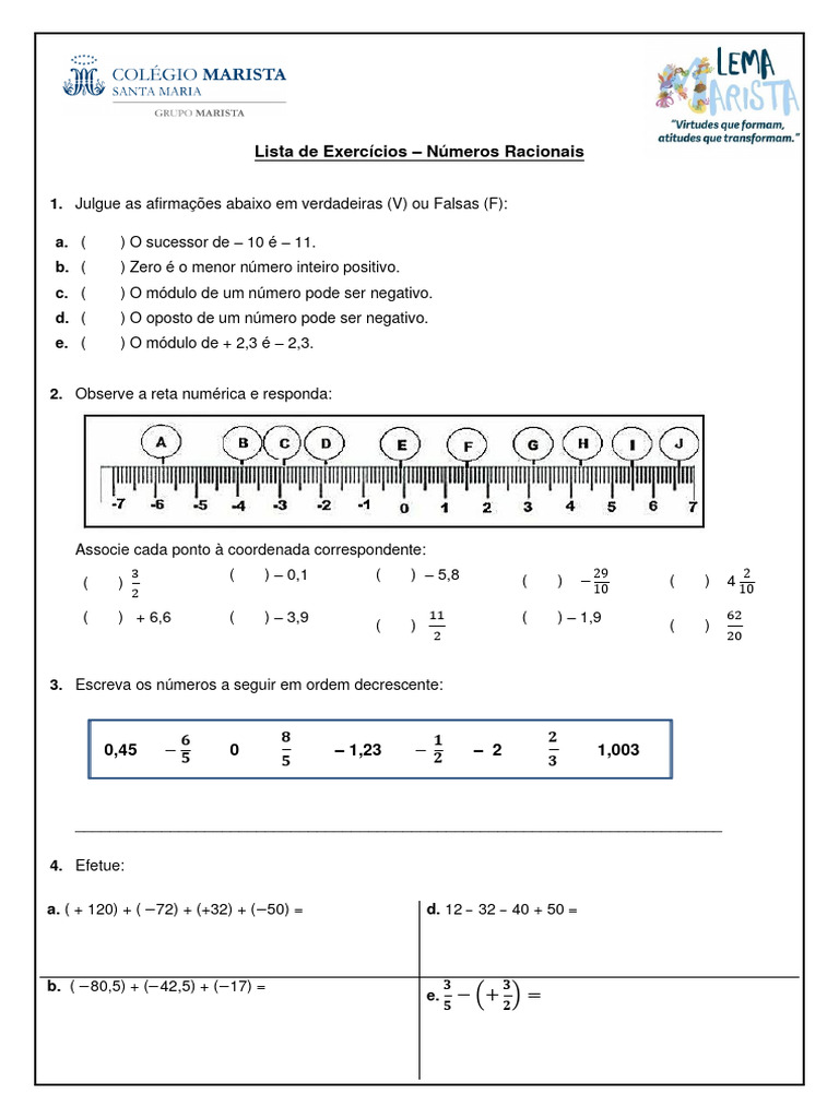 Exercícios sobre Números Racionais 7º Ano | PDF