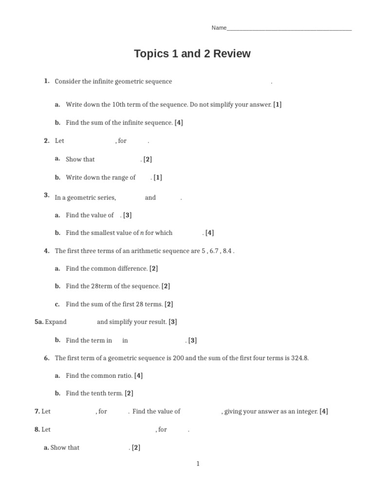 Topics 1 and 2 Functions and Algebra Review | PDF | Sequence ...