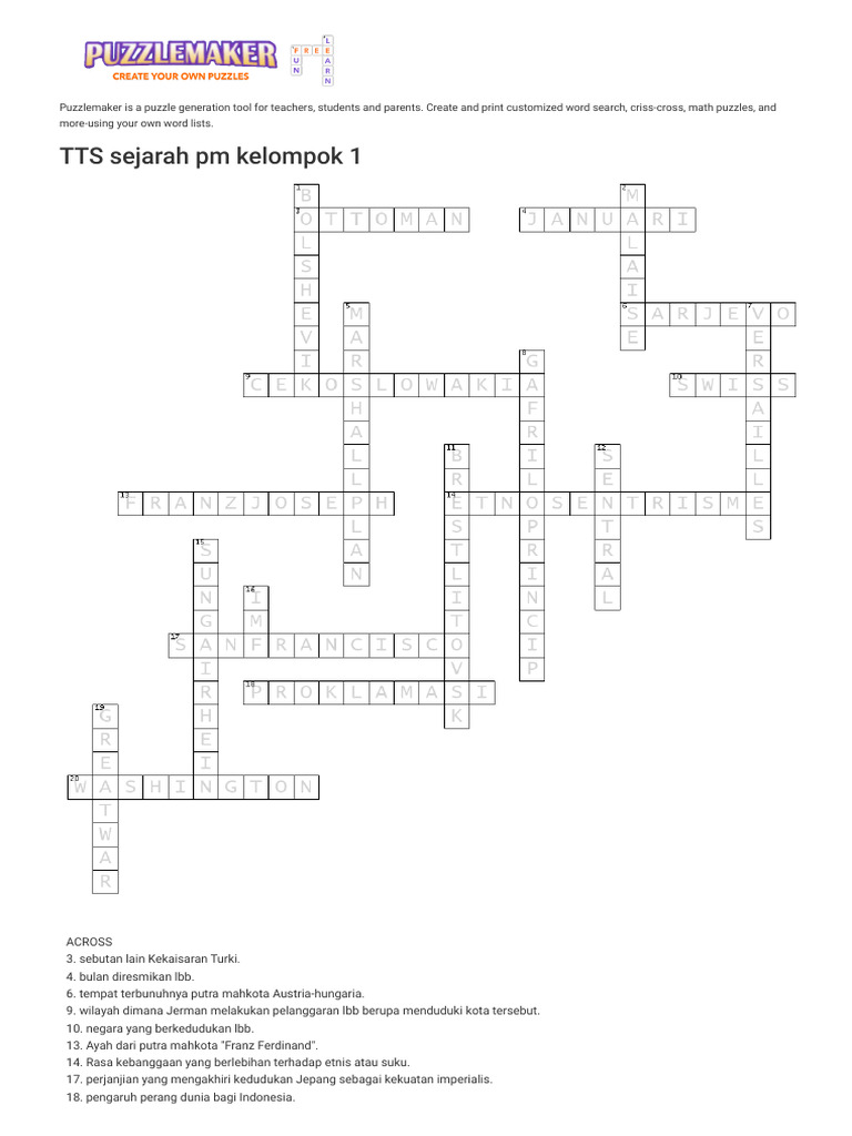 Teka Teki Silang Sejarah Peminatan Kelas 11 Ips Materi Perang Dunia 1