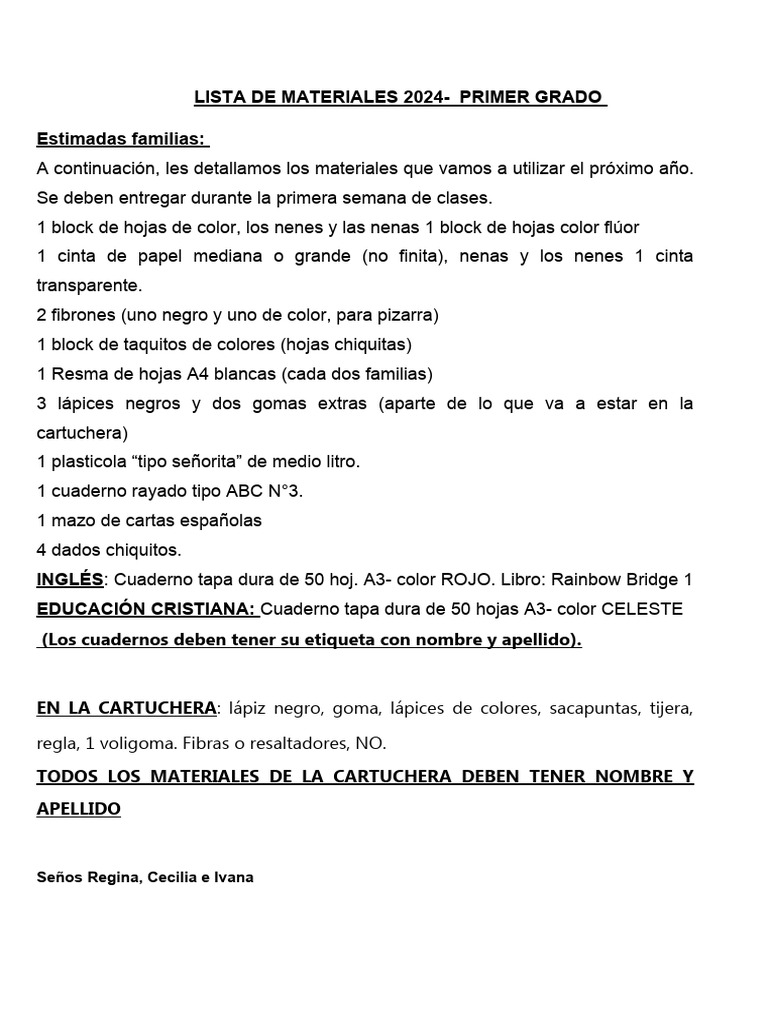 Lista de Materiales 2024 - Primer Grado | PDF