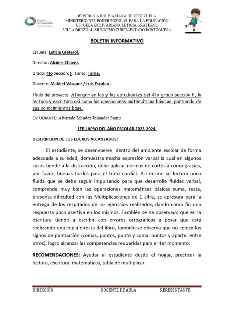 BOLETIN 1er Lapso 4to | PDF | Puntuación | Salón de clases