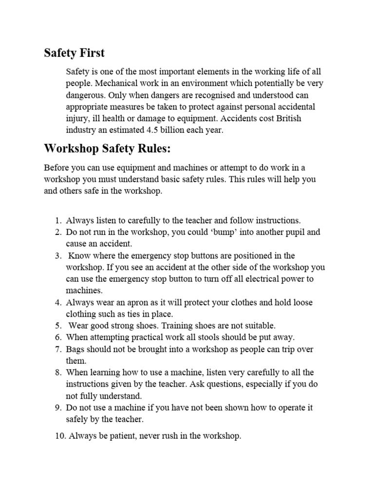 Workshop Safety Rules and Guidelines | PDF | Safety | Clothing