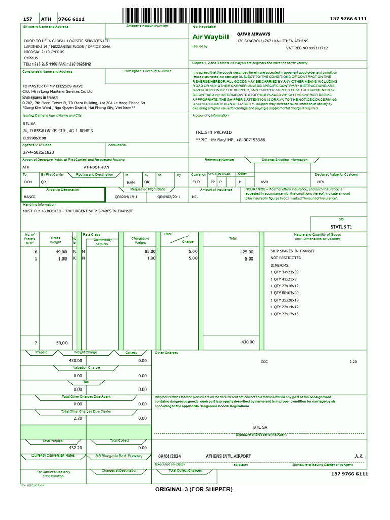 Air Waybill Original 3 (For Shipper) PDF Business Supply Chain