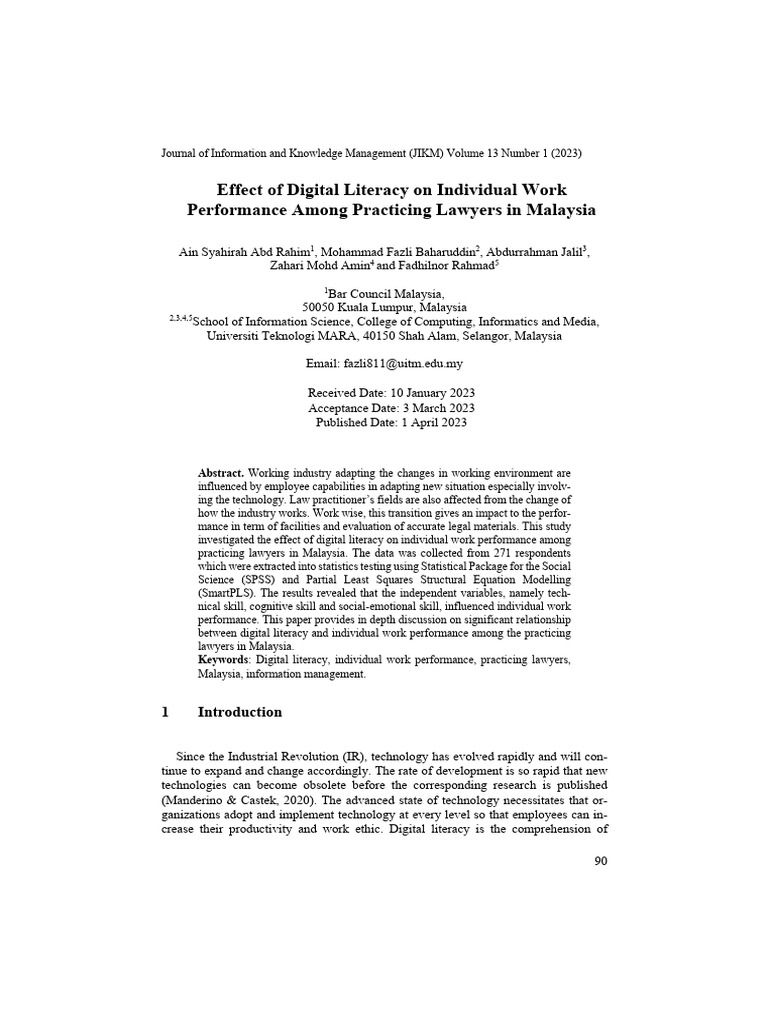 Effect of digital literacy on individual work performance among