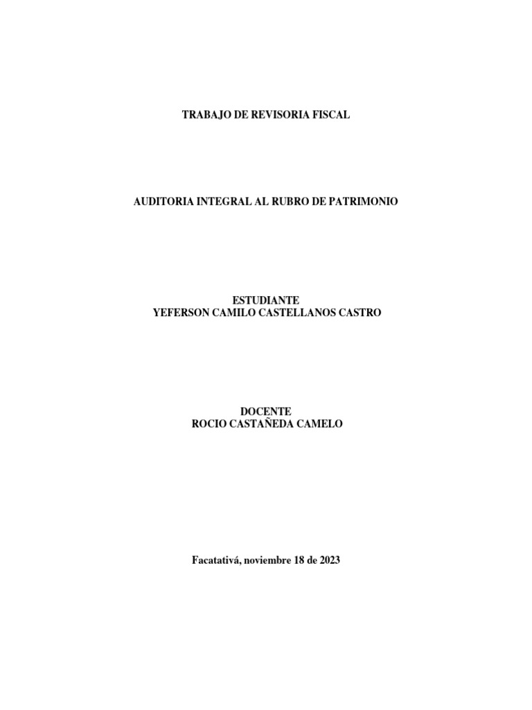 Proyecto Final Trabajo De Revisoria Fiscal Patrimonio Yccc PDF