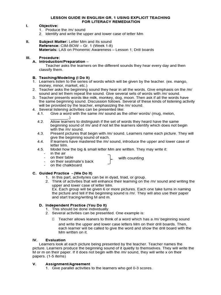 Lesson guide in english gr 1 using explicit teaching for literacy