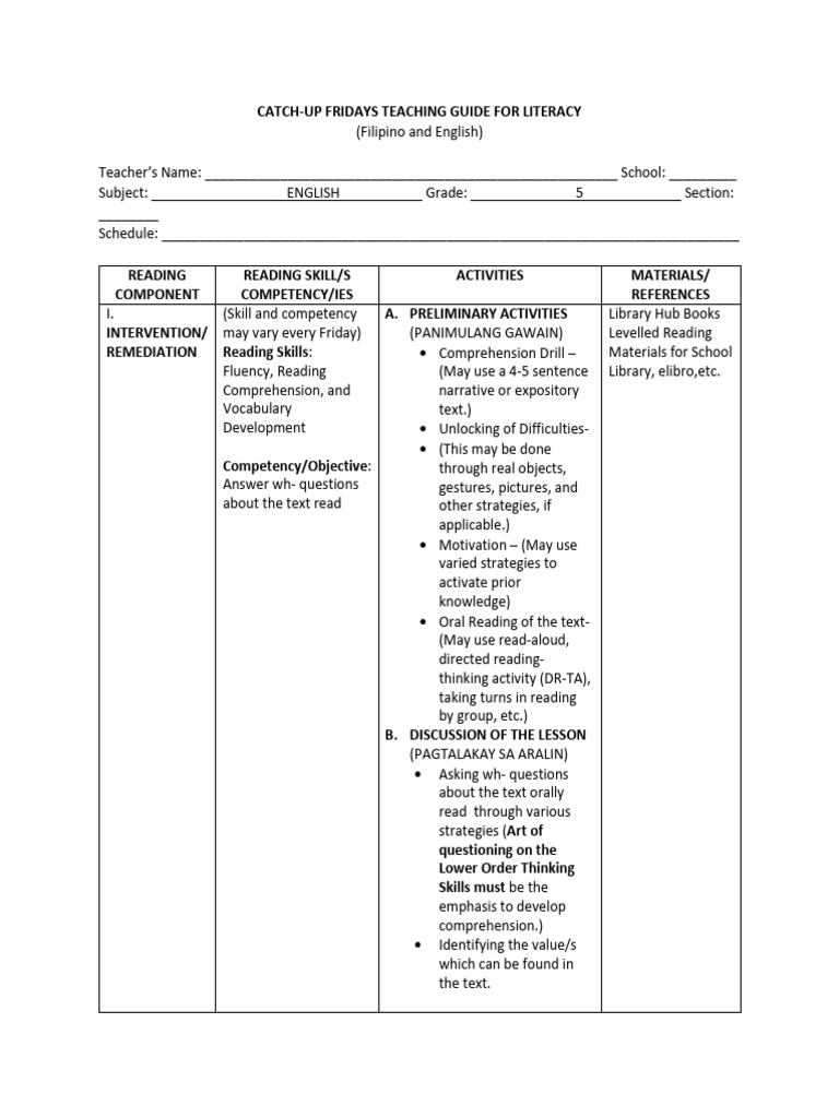 ENGSampleTeachingGuide_Literacy PDF Reading Comprehension Reading (Process)