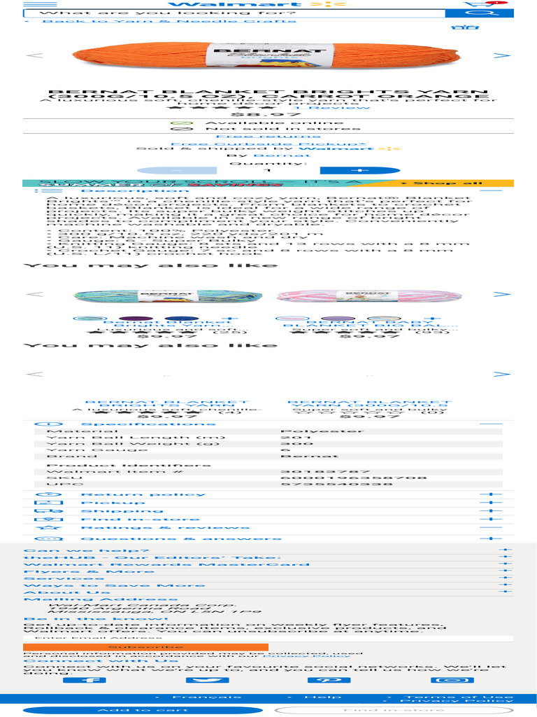 Bernat Blanket Brights Yarn (300g10.5 Oz), Carrot Orange Walmart Canada