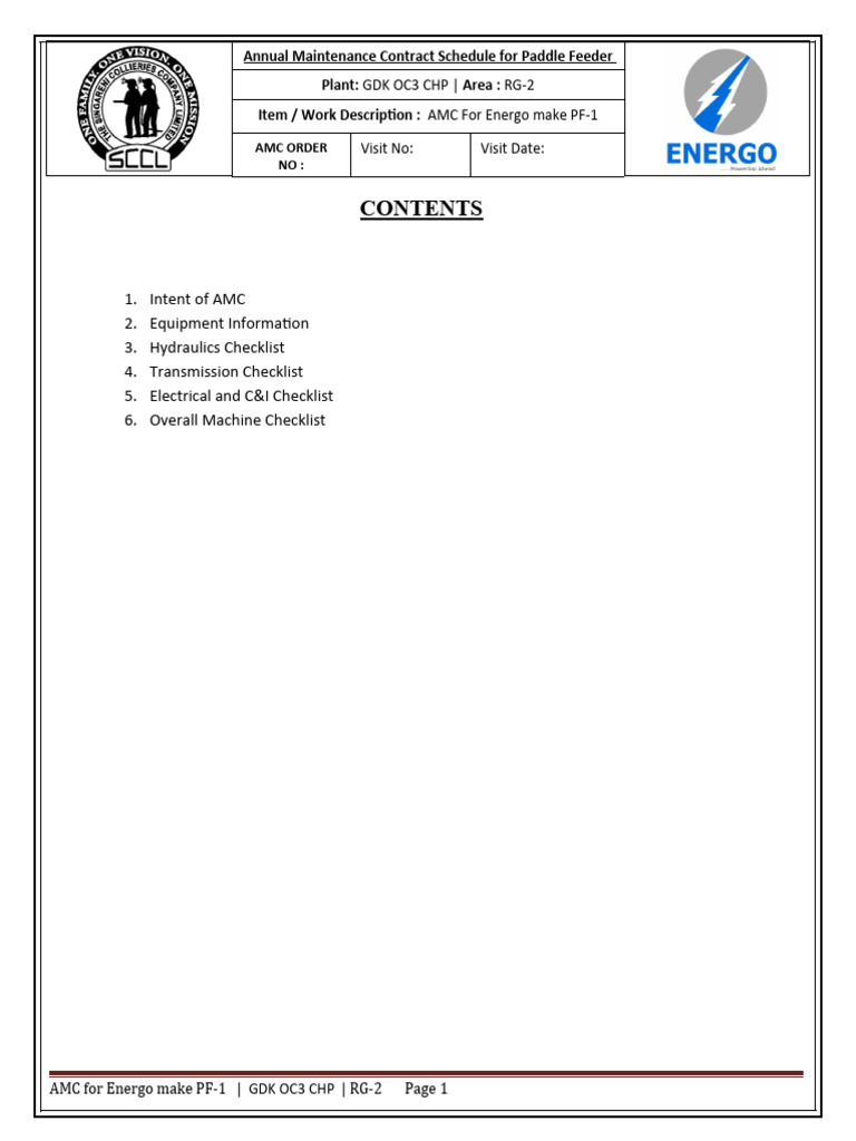 Intent of AMC 2. Equipment Information 3. Hydraulics Checklist 4 ...