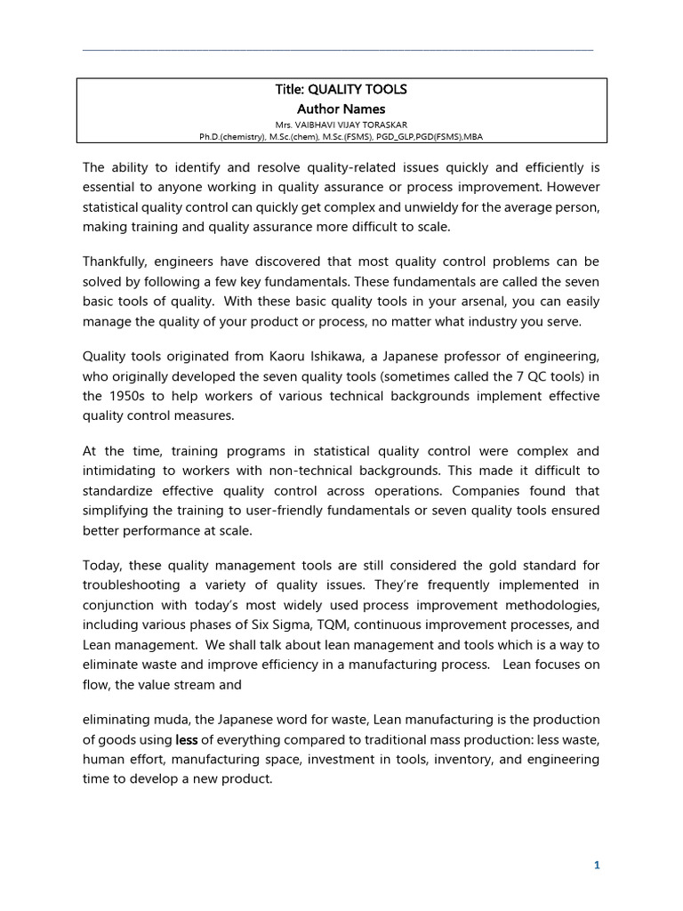 Quality tools 1.5 PDF Lean Manufacturing Business