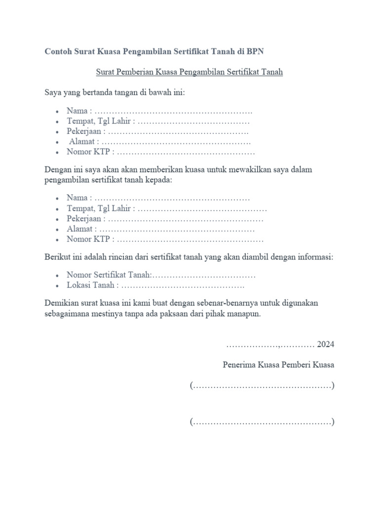 Contoh Surat Kuasa Pengambilan Sertifikat Tanah Di BPN Word | PDF