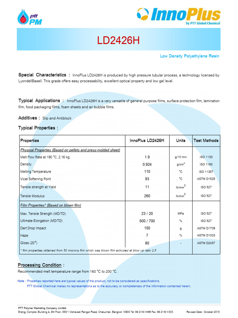 InnoPlus LD2426H Film Properties Overview | PDF