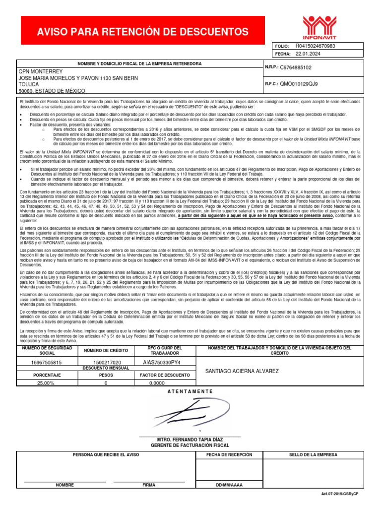 Aviso de Descuentos INFONAVIT para Trabajadores | PDF | Salario mínimo ...