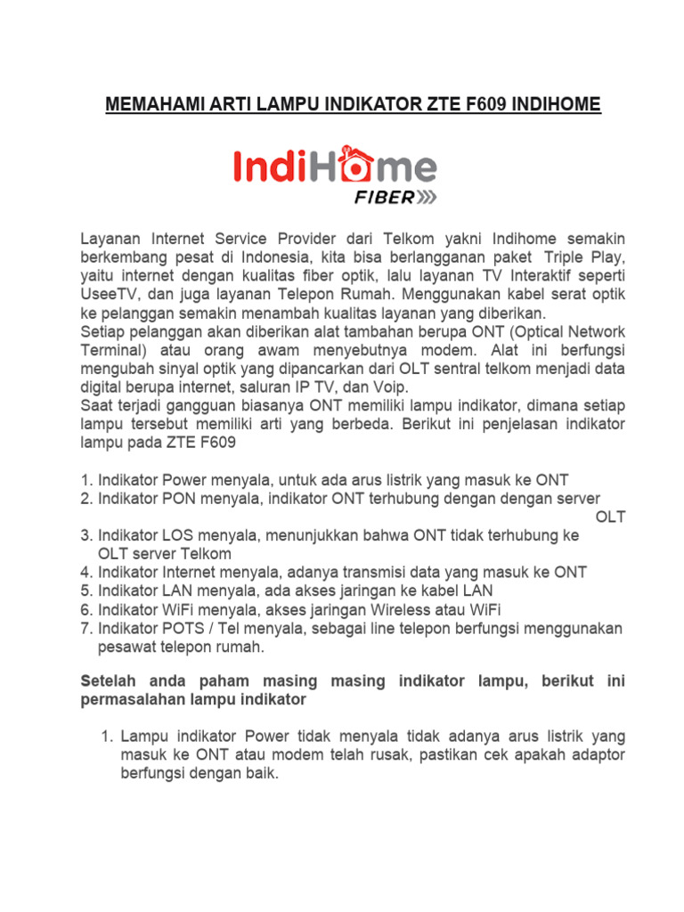 MEMAHAMI ARTI LAMPU INDIKATOR ZTE F609 INDIHOME PDF