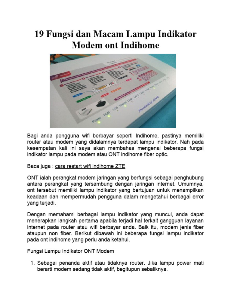 Fungsi Dan Macam Lampu Indikator Modem Ont Indihome PDF