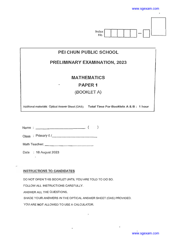 PEI Chun PS 2023 Math Exam Paper 1 | PDF