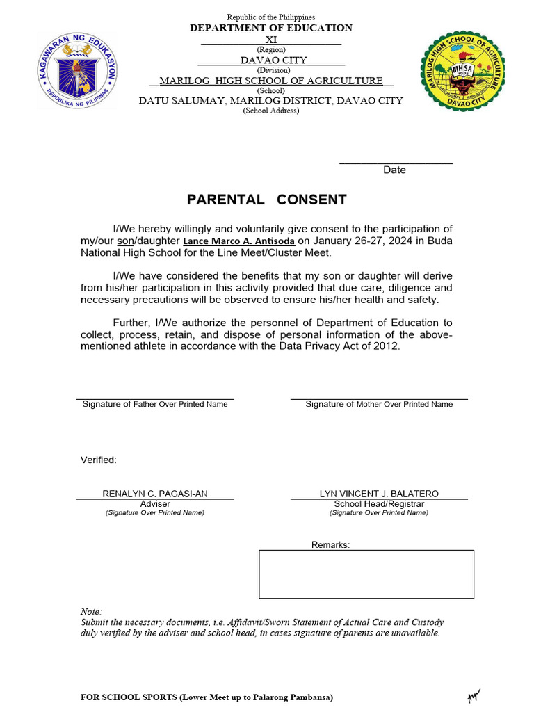 Parent Consent Form for Sports Event | PDF