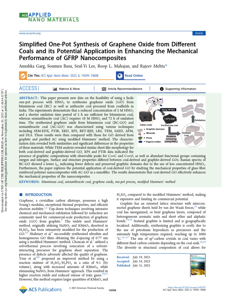 One-Pot Synthesis of Graphene Oxide from Coal | PDF | Graphene | Coal