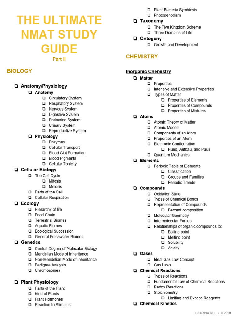 The Ultimate Nmat Study Checklist by Czarina | PDF | Chemical Reactions ...