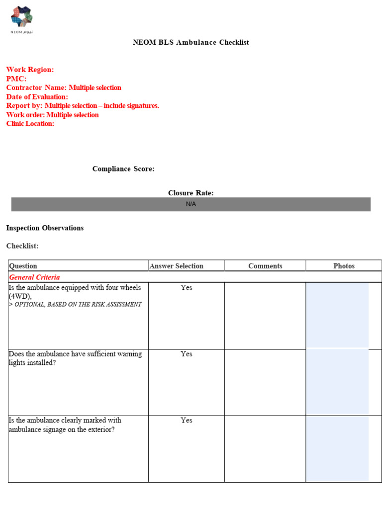 NEOM BLS Ambulance Compliance Checklist | PDF | Ambulance | Paramedic