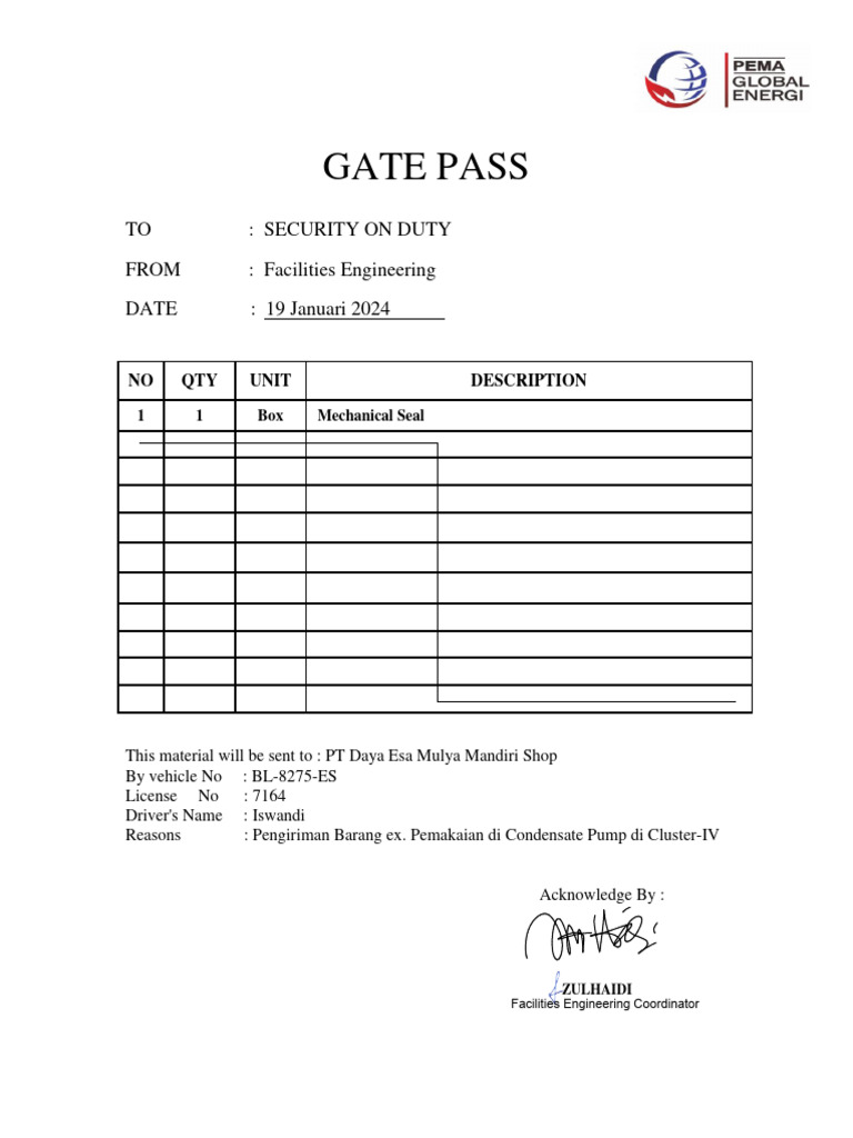Gate Pass Format For Employees