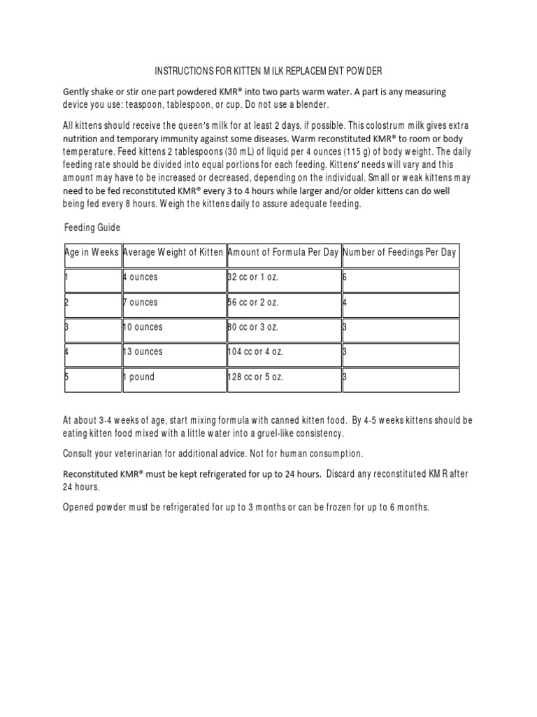 Instructions for kitten milk replacement powder PDF