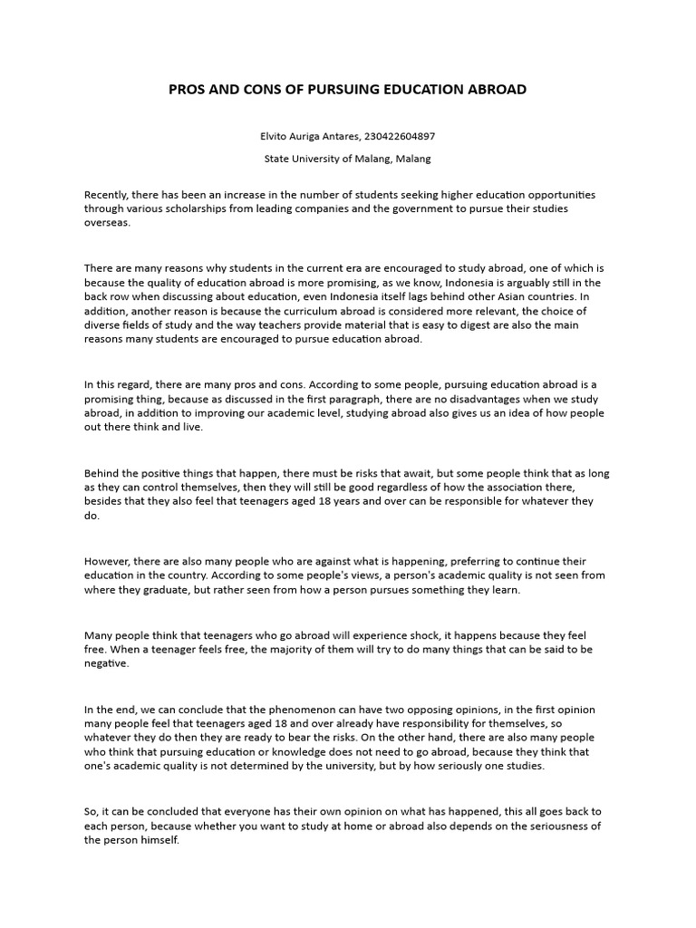 Pros and Cons of Pursuing Education Abroad | PDF | Adolescence ...