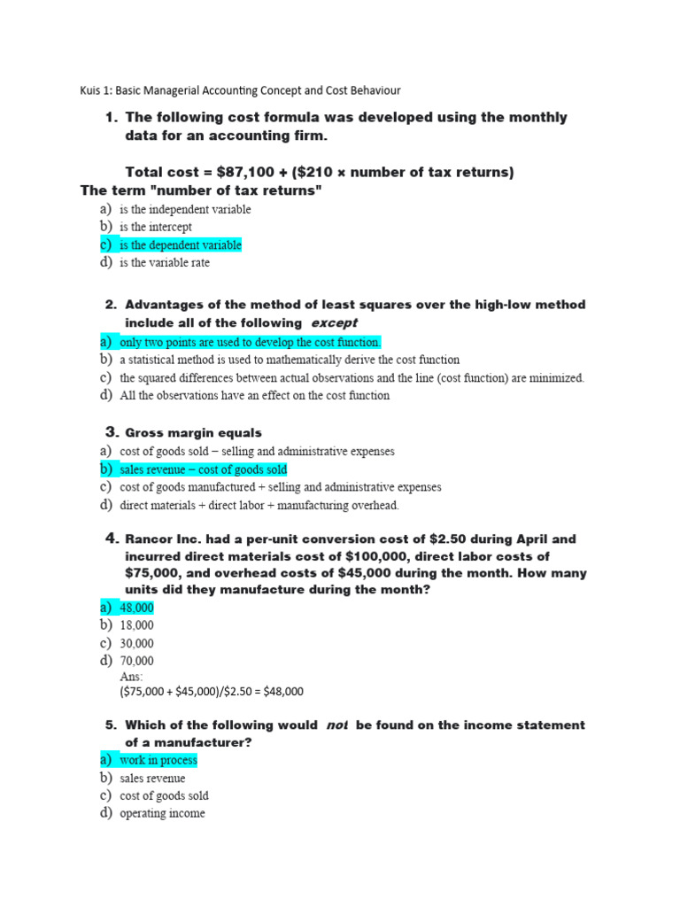 Managerial Accounting Quiz: Cost Concepts | PDF | Cost Of Goods Sold | Cost