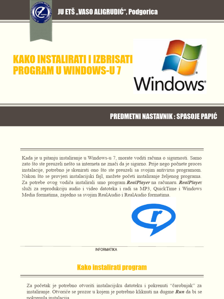 Instalacija I Deinstalacija Programa Windows 7 | PDF