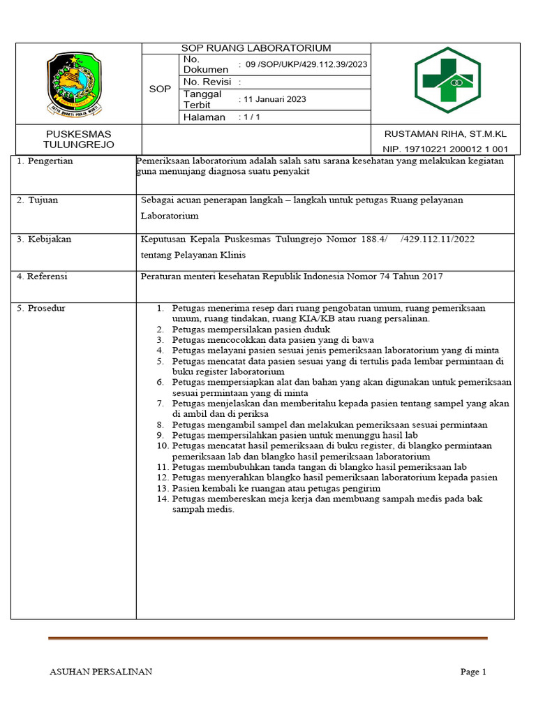 SOP Pelayanan Laboratorium Puskesmas | PDF