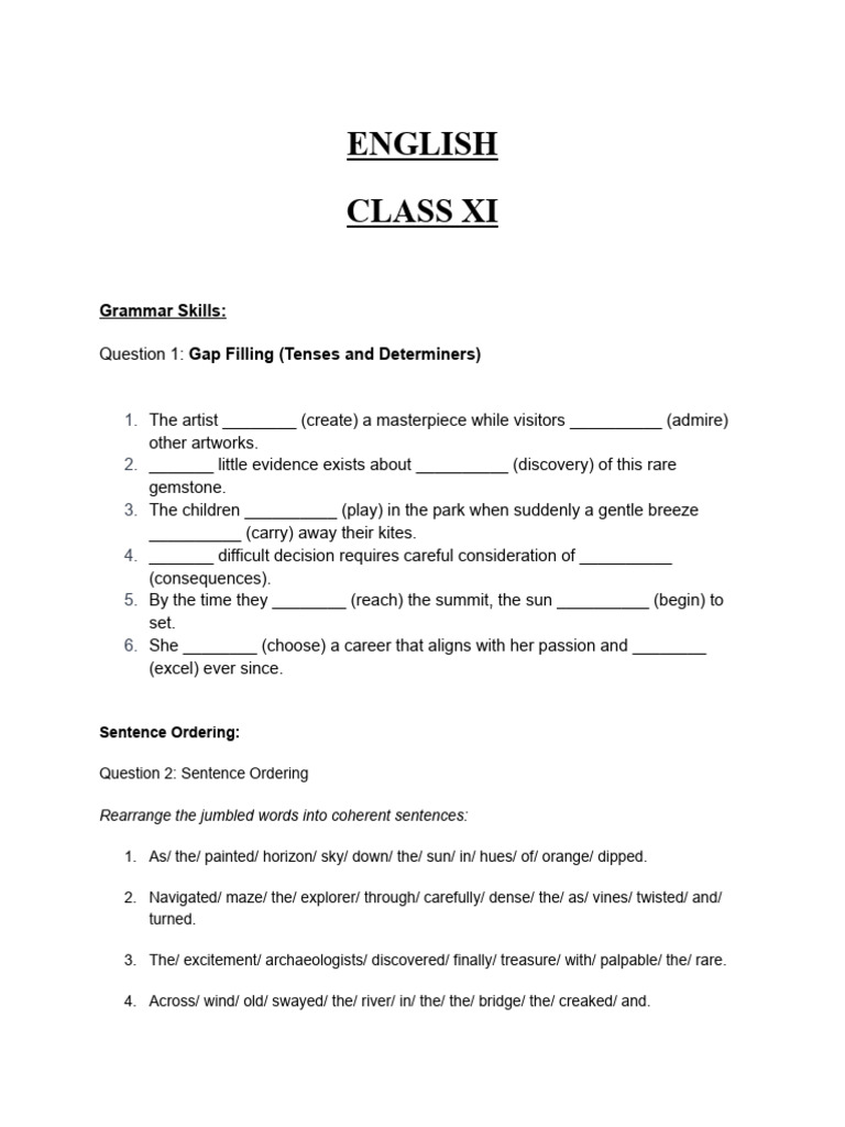 Xi English Worksheet With Answers Pdf