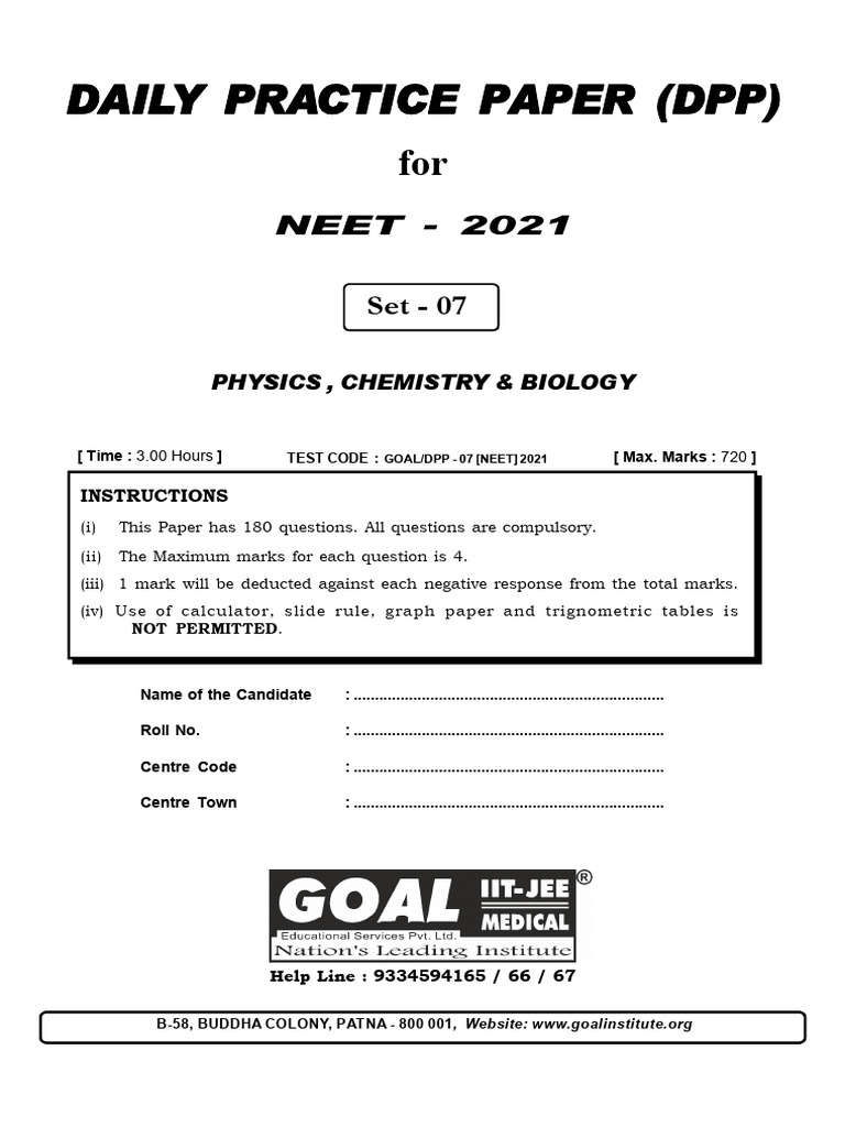 NEET 2021 Daily Practice Paper Set 07 | PDF | Physical Sciences | Chemistry