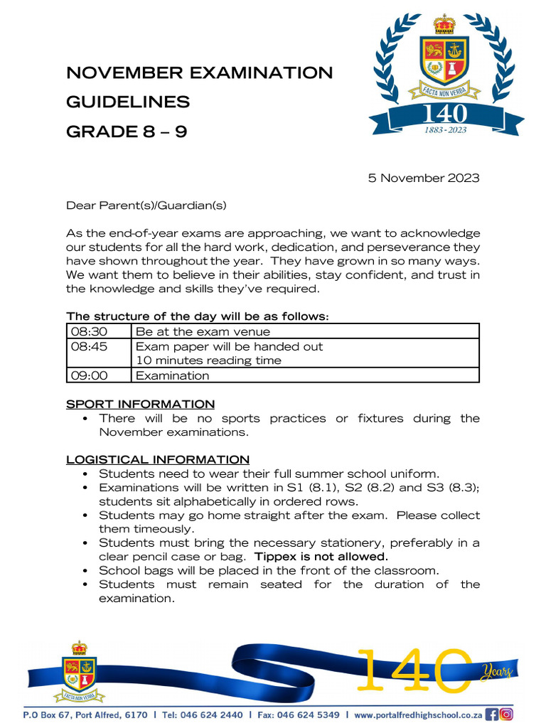 November Exam Letter GR 8 - 9 | PDF