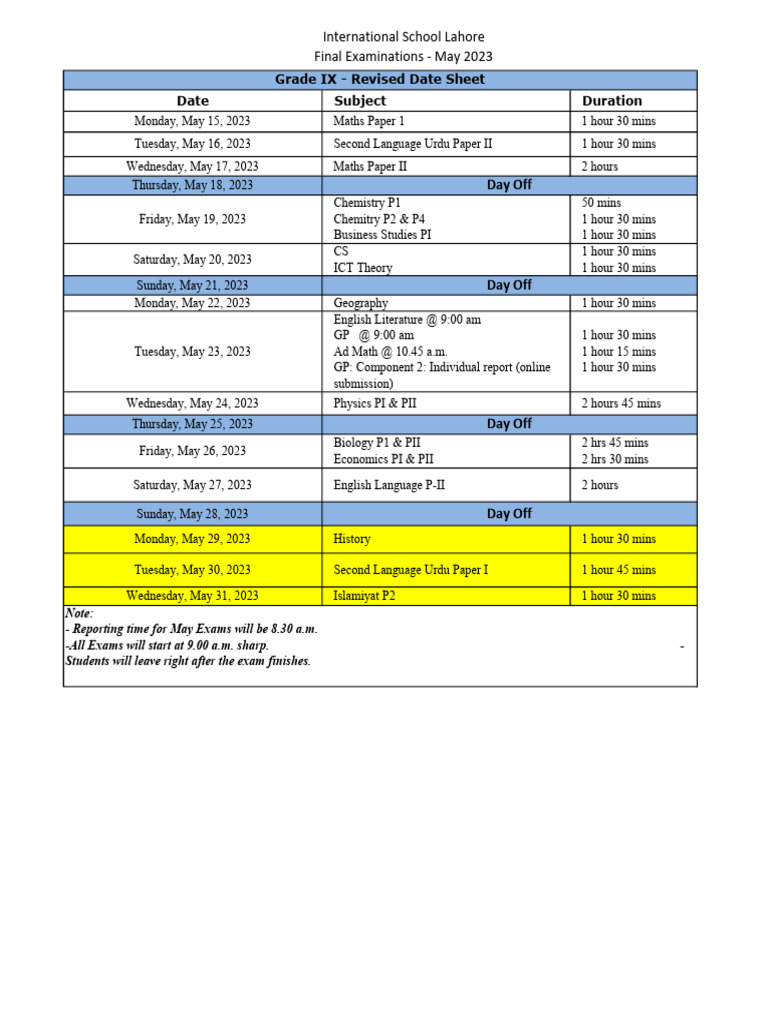Final Examination Datesheet - IX - Revised | PDF