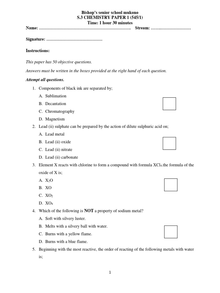 S 3 Chemistry Paper 1 Bishop S Senior School Mukono Pdf Oxide