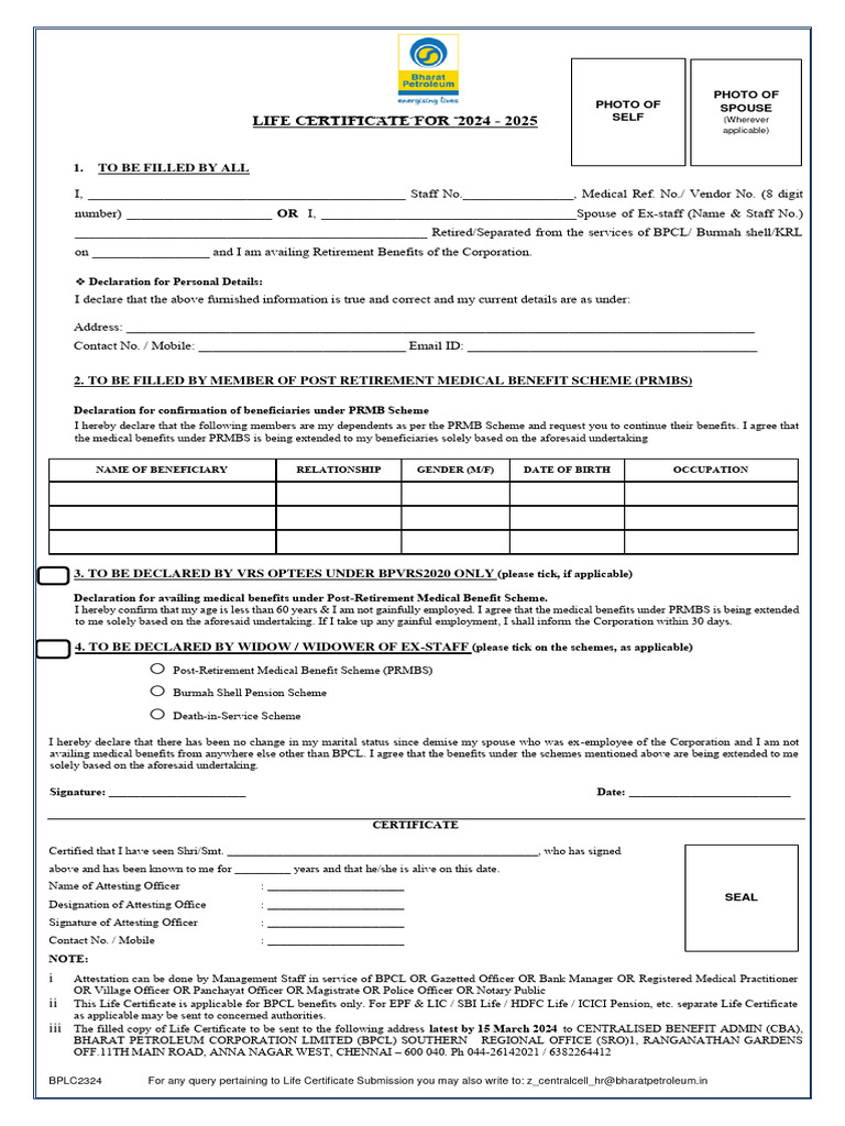 Life Certificate Format 2024 25 PDF