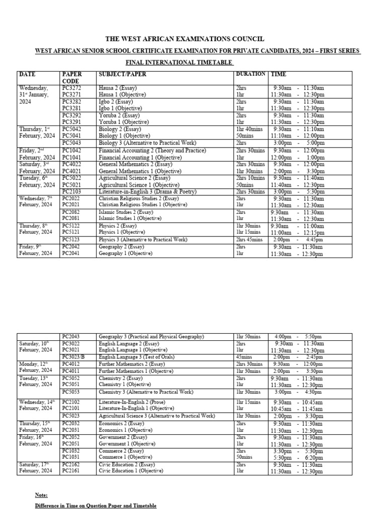 Waec Gce 1ST Series 2025 Time Table PDF