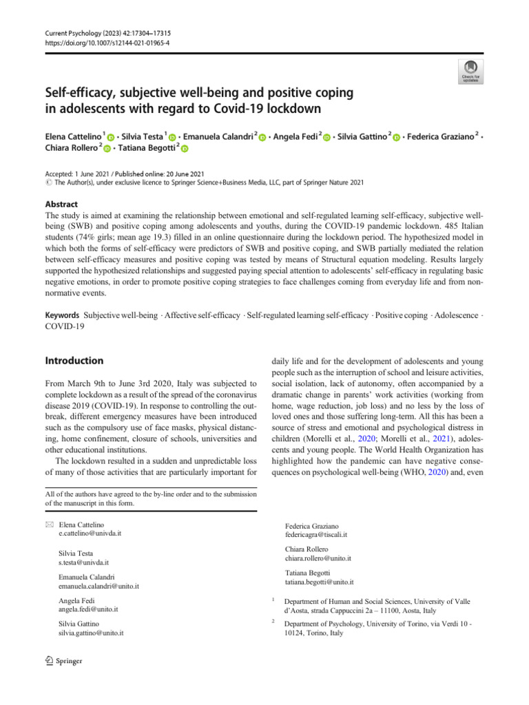 Self-Efficacy, Subjective Well-Being and Positive Coping in Adolescents ...
