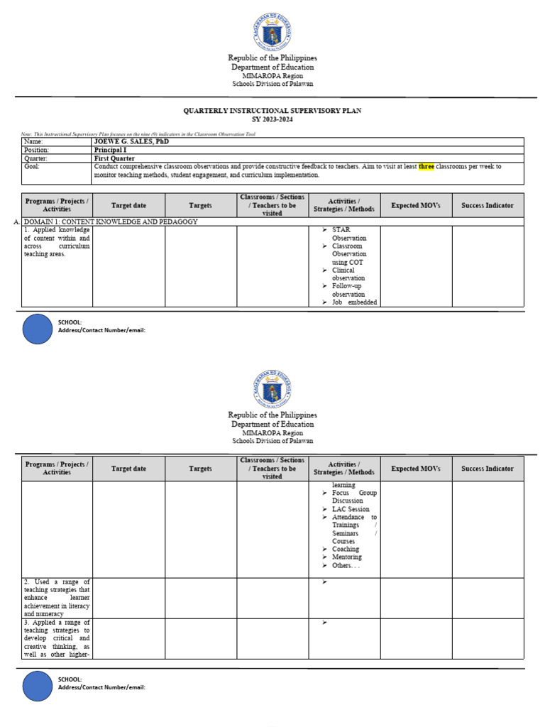 SUPERVISORY PLAN (Instructional) | PDF | Teachers | Learning