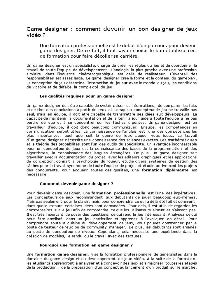 Devenir Game Designer : Guide et Formation | PDF | Évolution de ...