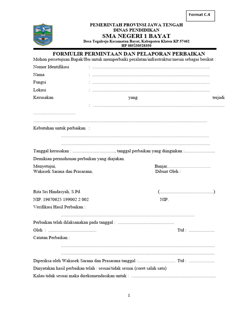 Formulir Permintaan Dan Pelaporan Perbaikan | PDF