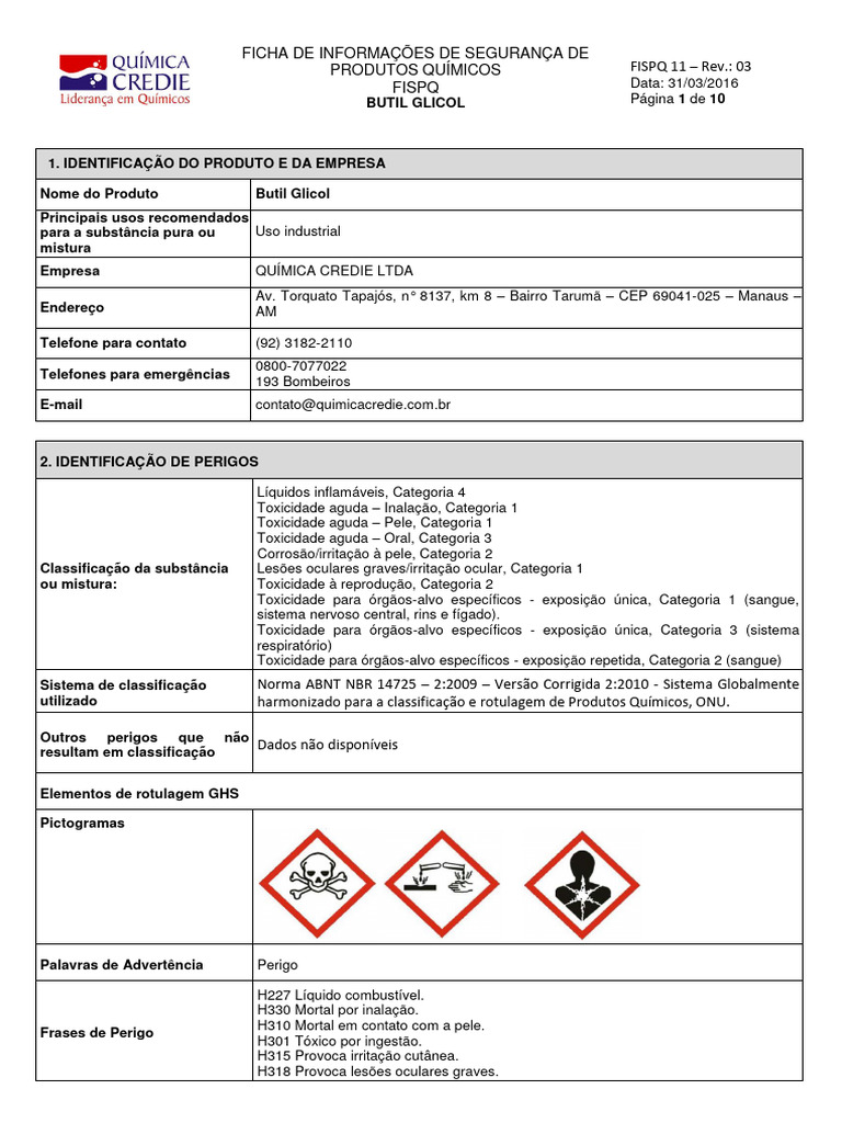 FISPQ Butil Glicol: Segurança e Manuseio | PDF | Combustão | Dióxido de ...