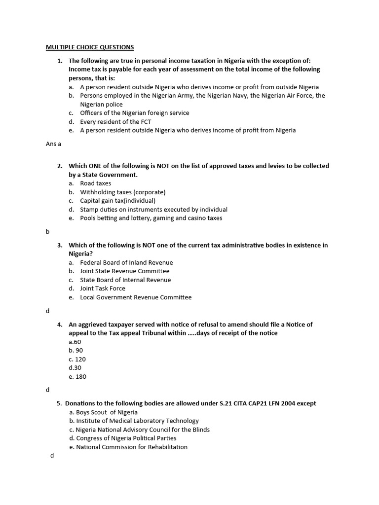 Nigerian Taxation Quiz Questions | PDF | Taxes | Expense